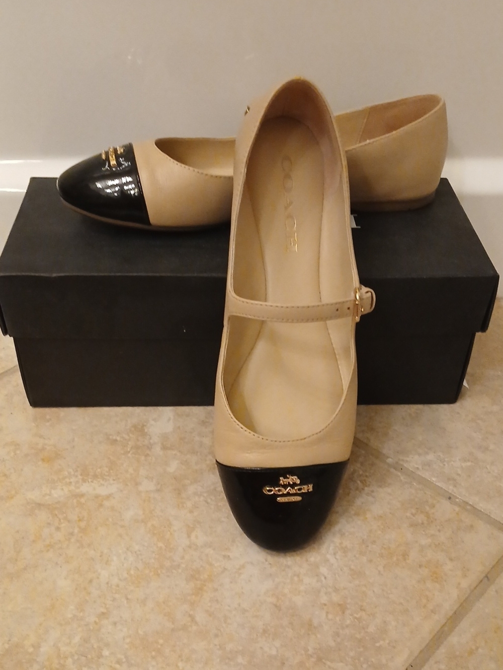 Coach Beige and Black Patent Toe Mary Jane Flats